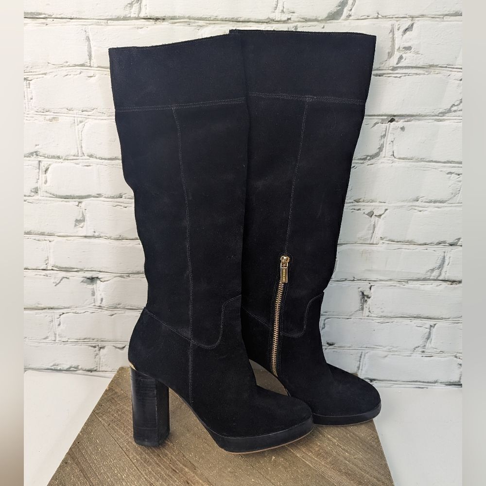 MICHAEL Michael Kors Black Suede Tall Block-Heel Knee Boots